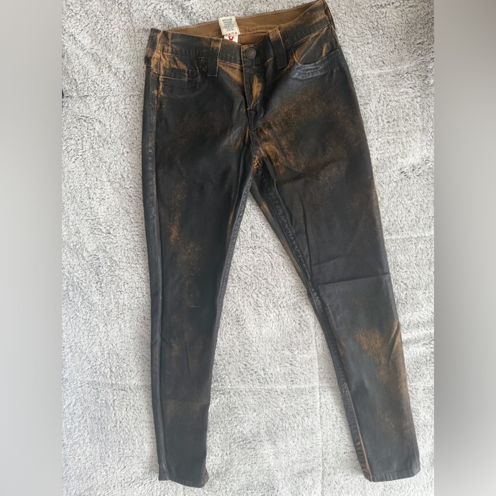 True Religion Black and Brown oil look Skinny Jeans